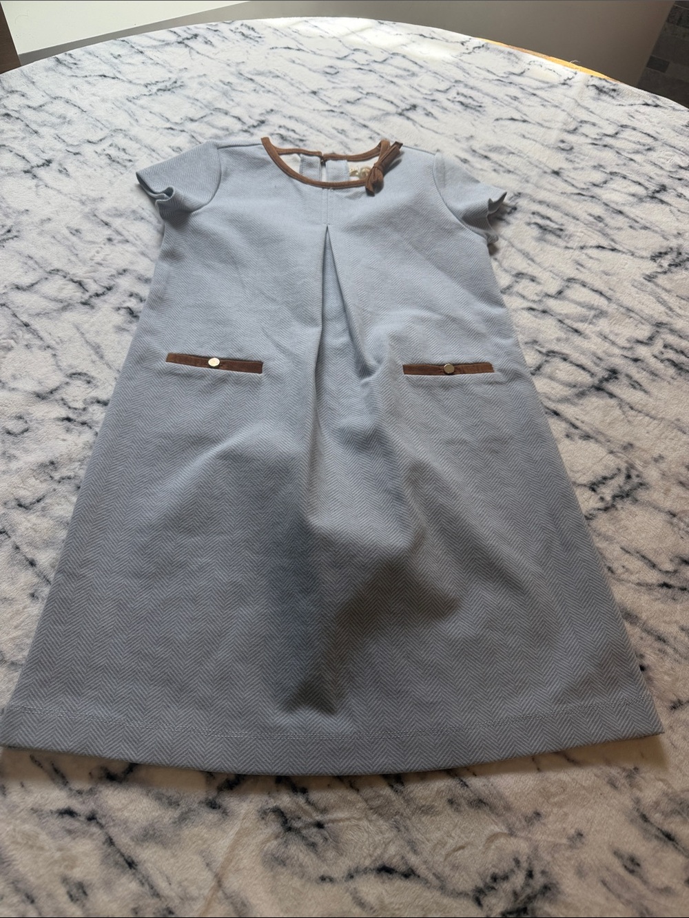 Hope & Henry Little Girls Light Blue Ponte A-Line Dress with Brown Trim Size 6.